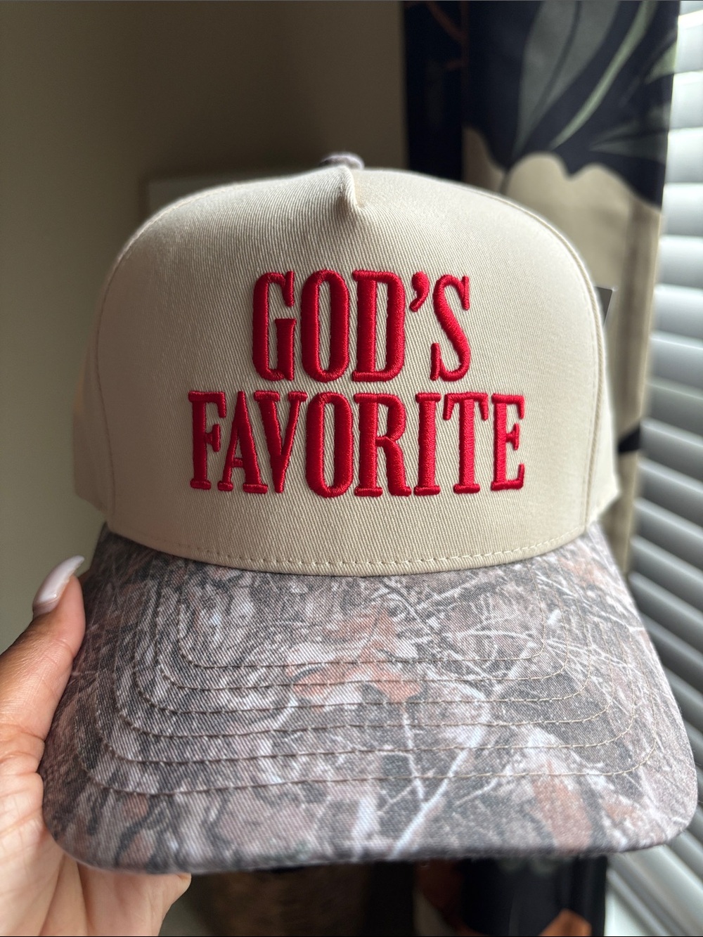 CC Boutique Beige Cap with Red Embroidered "God's Favorite" and Camo Brim